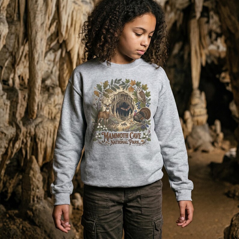 Mammoth Cave National Park Kids Crewneck | Cave Bat & Barred Owl Youth Sweatshirt Sport Grey