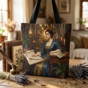 Puede incluir: Un bolso tote con una pintura de una mujer con un vestido azul y dorado, sentada en un escritorio con planos. El fondo incluye engranajes, maquinaria y velas, creando una estética steampunk. El bolso tiene asas negras.