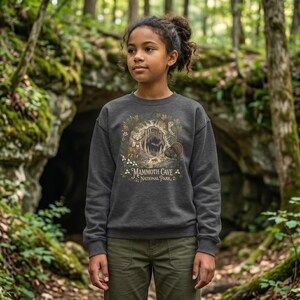 Mammoth Cave National Park Kids Crewneck | Cave Bat & Barred Owl Youth Sweatshirt Dark Heather