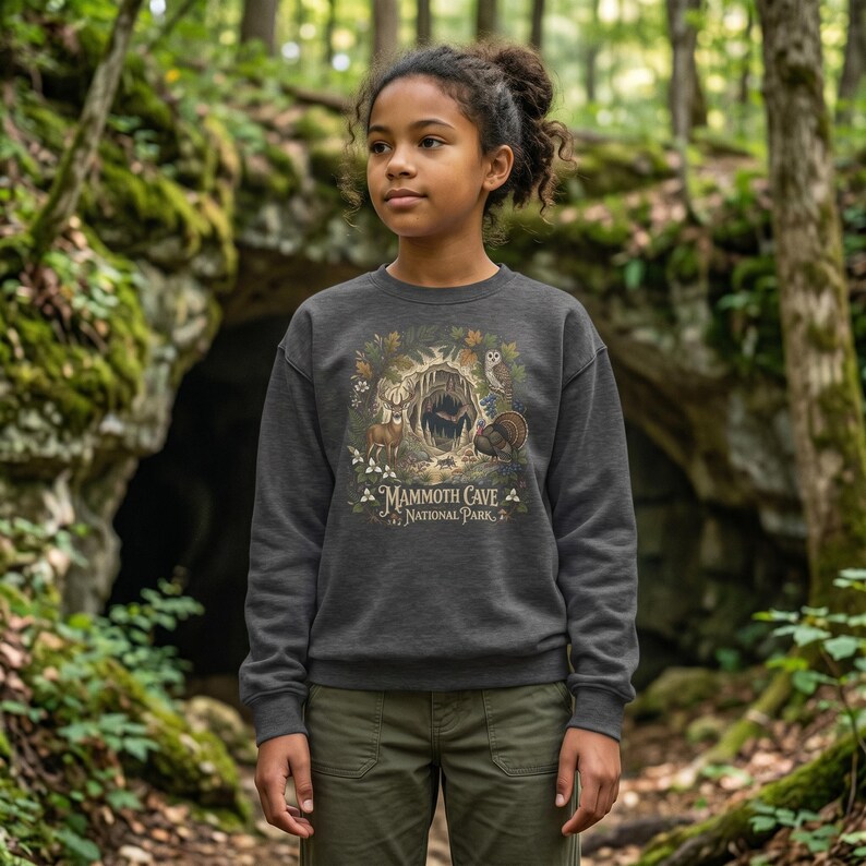 Mammoth Cave National Park Kids Crewneck | Cave Bat & Barred Owl Youth Sweatshirt Dark Heather