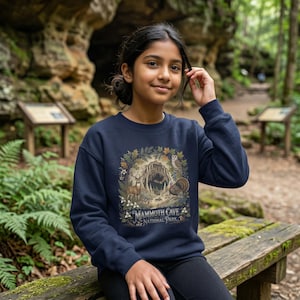 Mammoth Cave National Park Kids Crewneck | Cave Bat & Barred Owl Youth Sweatshirt Navy