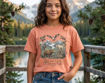 Camiseta infantil del Parque Nacional Glaciar / Camiseta juvenil de colores cómodos de la fauna de Montana