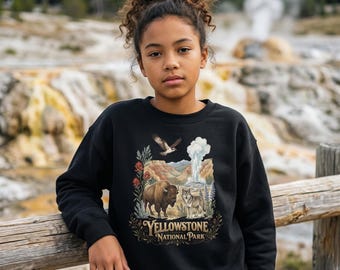 Yellowstone Nationalpark Kinder Rundhalsausschnitt | Bison & Wolf Jugend Sweatshirt