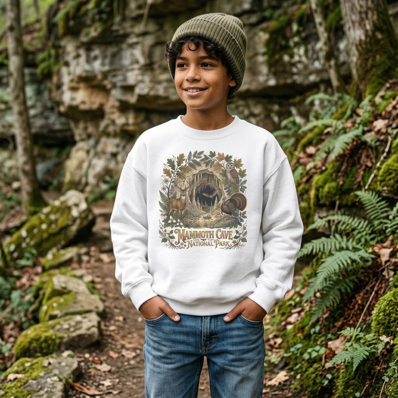 Mammoth Cave National Park Kids Crewneck | Cave Bat & Barred Owl Youth Sweatshirt White