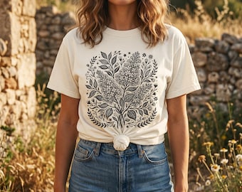 Lila overhemd met houtsnede | Linosnede Spring Flower Boho Botanical Comfort Colors T-shirt