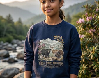 Sudadera infantil de cuello redondo con estampado de oso negro del Parque Nacional de las Grandes Montañas Humeantes