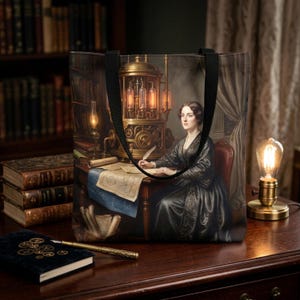 May include: Tote bag with a vintage illustration of a woman writing at a desk, with a steampunk machine. The image has a dark, antique aesthetic with books and a lamp. The bag has black handles.