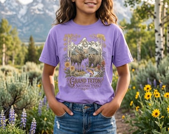 Camiseta infantil del Parque Nacional Grand Teton / Camiseta juvenil Comfort Colors con alces y osos