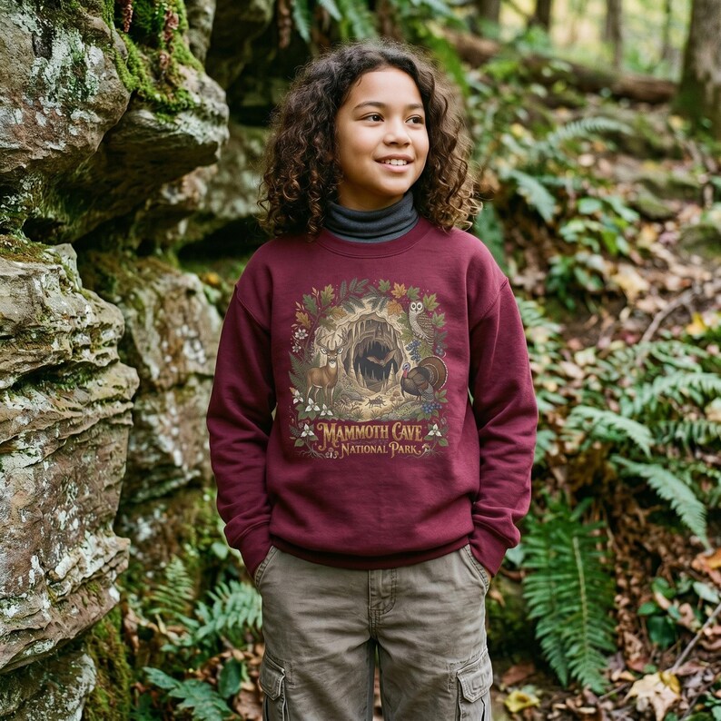 Mammoth Cave National Park Kids Crewneck | Cave Bat & Barred Owl Youth Sweatshirt Maroon