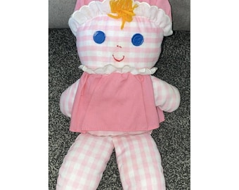 Fisher Price Baby Doll "Lolly Dolly" #420 Pink White Gingham Rattle Vintage 1975