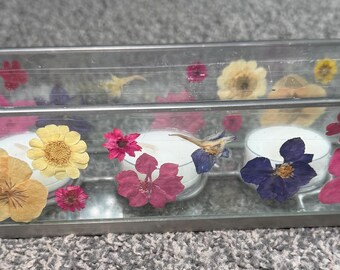 Dried Pressed Flowers Glass Three Candle Tea Light Votive Holder Rectangle Y2K