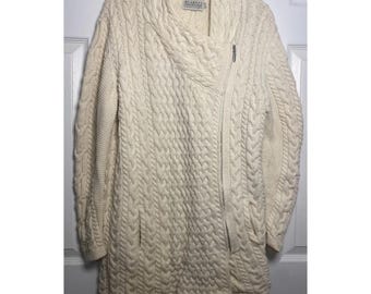 Blarney Aran Sweater Large Cream Cardigan Jacket Merino Wool Cable Knit Ireland