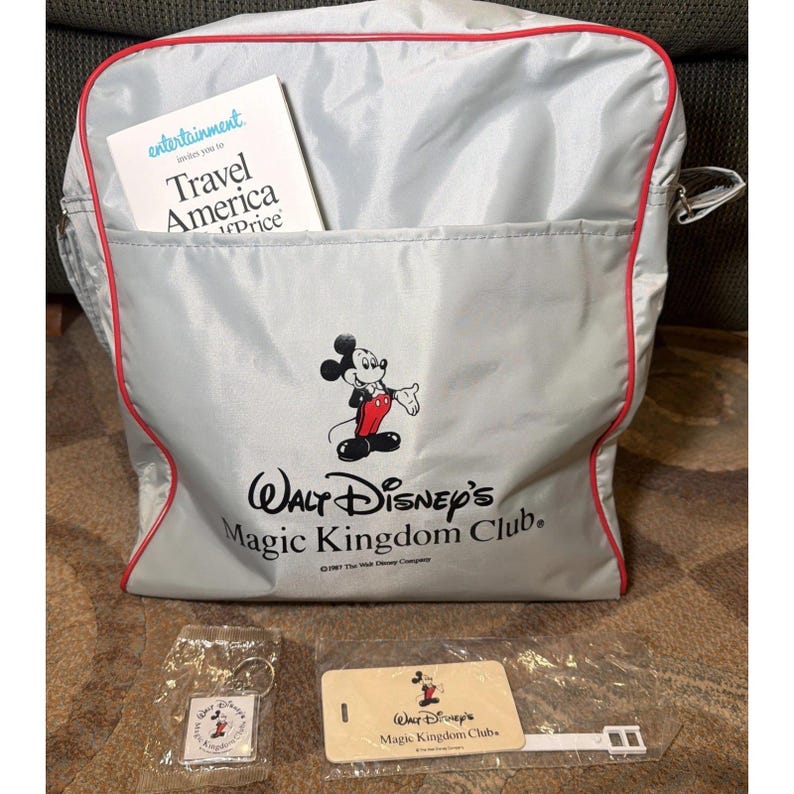 Vintage Walt Disney Magic Kingdom Club Tote Bag 1987 Mickey Mouse Luggage Tag zdjęcie 1