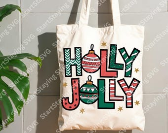 Holly Jolly T-Shirt, Tote Bag & Mug | Christmas Holiday Gifts for Women | Festive Apparel, Holiday Coffee Cup and Tote Bag Set