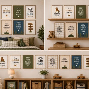May include: A set of eight rectangular wall art prints featuring inspirational religious text and illustrations including a bear, mountains, and a signpost. The designs use a colour palette of navy blue, olive green, beige, and white with typography.
