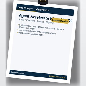 Może przedstawiać: Biały dokument z tekstem "Agent Accelerate" i "Launch Bundle DLI". Zawiera edytowalne pliki PDF, skrypty, listy kontrolne i podręczniki. Ma granatowo-złotą estetykę i jest dostępny do natychmiastowego pobrania.