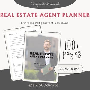 Puede incluir: Planificador digital para agentes inmobiliarios con un diseño minimalista. La portada presenta una imagen profesional y el texto "REAL ESTATE AGENT PLANNER". Incluye más de 100 páginas. Descarga instantánea.