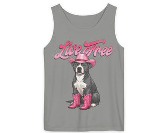 Camiseta sin mangas "Live Free Cowgirl Pitbull" con estilo country western vintage, ideal para el verano. Regalo perfecto para amantes de los perros.