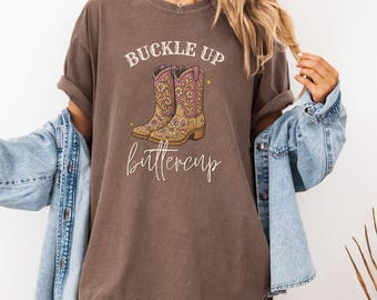 Cowgirl Shirt Buckle Up Paisley Boots Comfort Colors T-shirt Western Fall Fashion Garment-Dyed Tee Trendy Country Tshirt Southwestern Top