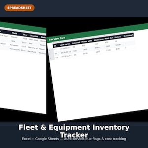 Pode incluir: Uma planilha digital de rastreamento de frota e equipamentos para Excel e Google Sheets. A interface exibe colunas para ID, último serviço, intervalo, leituras de medidor, datas de vencimento e status marcados como ok, soon ou due.