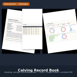 Pode incluir: Um livro de registo de partos digital e imprimível com painel de controlo, registo de vacas, diário de reprodução e IA, diário de partos, saúde, tratamentos, desmame e vendas, incluindo gráficos, diagramas e tabelas de dados.
