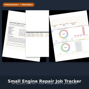 以下が含まれることがあります： Small Engine Repair Job Trackerというタイトルのデジタルスプレッドシートおよび印刷可能なドキュメント。レイアウトには、円グラフ、棒グラフ、およびジョブログ、部品在庫、顧客データ、経費、要約を追跡するための表を含むダッシュボードが含まれています。