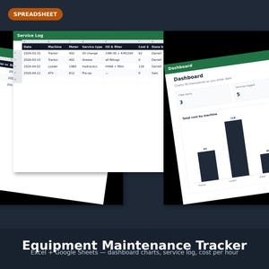 Equipment Maintenance Tracker Spreadsheet, Tractor Service Log Excel Google Sheets, Farm Machinery Repair Record, Cost Per Hour