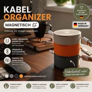 Könnte beinhalten: Ein zylindrischer magnetischer Kabelorganizer mit drei gestapelten Abschnitten in Weiß, Orange und Dunkelgrau. Das Gerät verfügt über mehrere Schlitze am Rand, in denen weiße USB-Kabel stecken. Text auf dem Bild: KABEL ORGANIZER.
