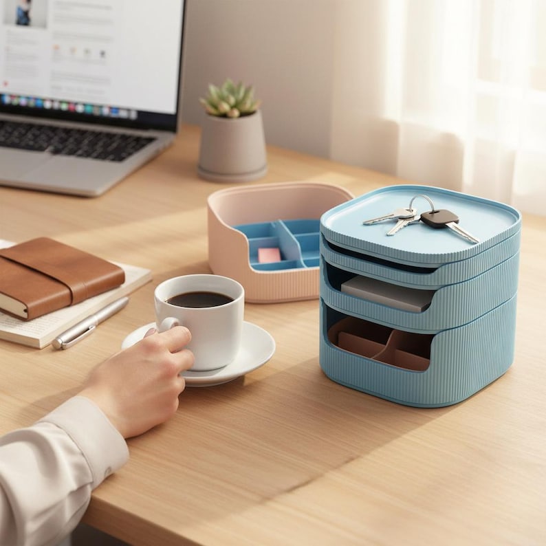 May include: A light blue, three-tiered desk organizer with a ribbed texture, holding keys on top. A pink organizer with blue dividers sits nearby. A white coffee cup and a brown notebook are also on the desk.