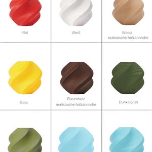 May include: A grid of nine decorative objects in various colors, each with a spiral design. Colors include red, white, wood-tone, yellow, brown, dark green, olive green, light blue, and pastel blue. Text in German labels each color.