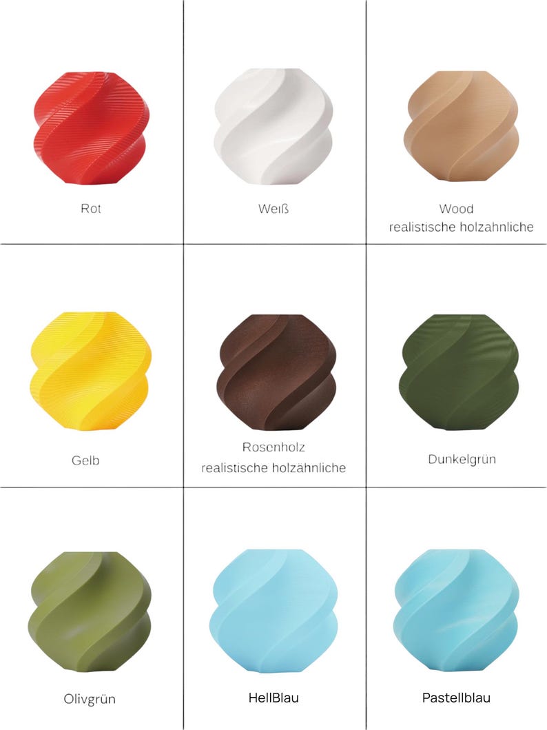 May include: A grid of nine decorative objects in various colors, each with a spiral design. Colors include red, white, wood-tone, yellow, brown, dark green, olive green, light blue, and pastel blue. Text in German labels each color.