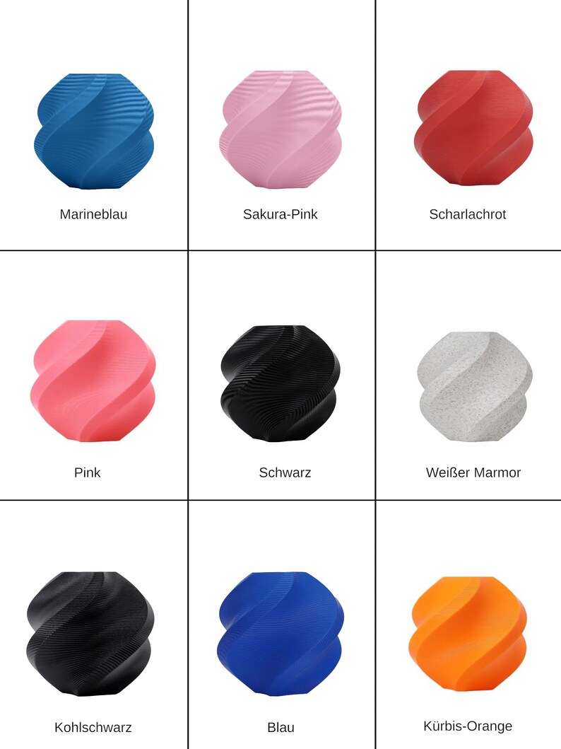 May include: A collection of nine 3D-printed decorative objects in various colors. Colors include blue, pink, red, black, white, and orange. Each object has a unique, spiraling design, and the color names are printed below each object.