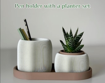 STRAMEL Pen Holder with Planter Set – 3D Printed Ribbed Desk Organizer, Modern Succulent Pot