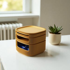 May include: Mustard yellow desk organizer with three compartments and a matching lid. The organizer has a ribbed texture and a blue interior in the bottom compartment. A small potted succulent sits to the right of the organizer.