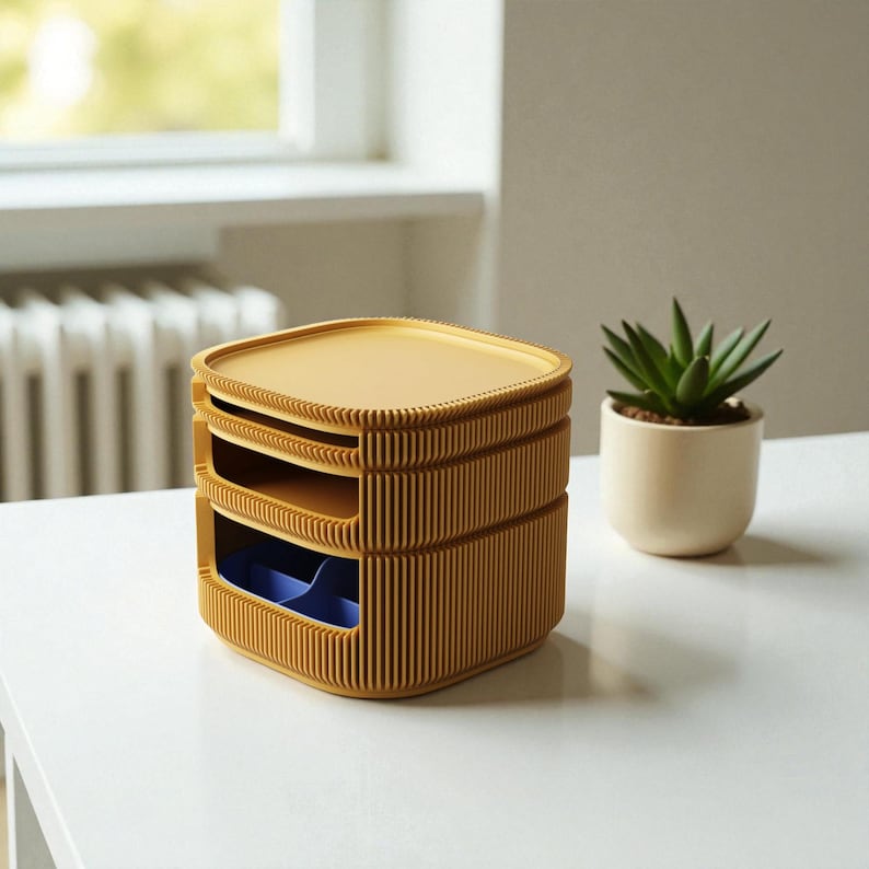 May include: Mustard yellow desk organizer with three compartments and a matching lid. The organizer has a ribbed texture and a blue interior in the bottom compartment. A small potted succulent sits to the right of the organizer.