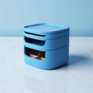 May include: A three-tiered, light blue storage organizer with a lid. The organizer has a ribbed texture on the sides and open compartments. The bottom compartment reveals a tan-colored interior. The organizer is designed for desk or home organization.