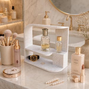 Könnte beinhalten: Ein weißer, gesprenkelter Arbeitsplatten-Organizer mit zwei Ebenen und einer gerippten Seitenwand. Das Regal enthält einen Glasparfümflakon und eine Armbanduhr. Daneben stehen Make-up-Pinsel in einem Becher, ein Puderetui, Chanel-Körperöl und Lippenstift.