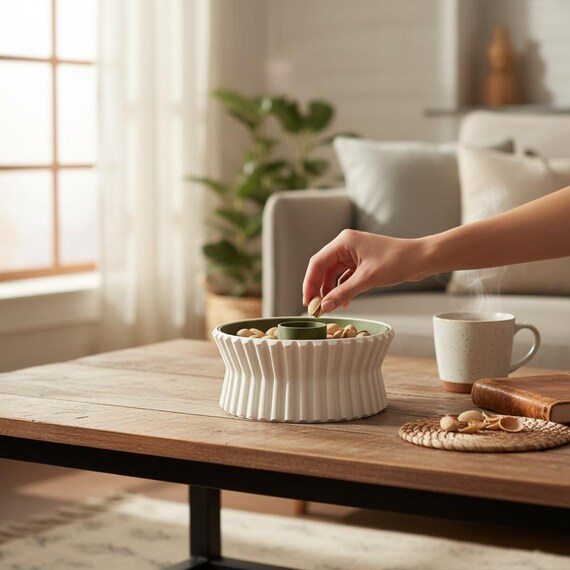 BLUEZURA Bol pour noix et graines imprimé en 3D, bol à goûter double couche avec compartiment pour déchets alimentaires, organisateur de collations 2 en 1 pour pistaches, graines de tournesol et