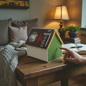 Peut inclure: Un objet décoratif en forme de maison avec un toit en couverture de livre, affichant le titre "The Hobbit" de J.R.R. Tolkien. La maison a un côté texturé vert et une base blanche, posée sur une table en bois.
