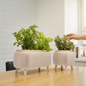 Könnte beinhalten: Zwei hellrosa Pflanzgefäße mit Holzbeinen und einem hellen Holzrand. Die Pflanzgefäße sind mit grünen Pflanzen gefüllt. Ein Pflanzgefäß ist rechteckig, das andere rund. Die Pflanzgefäße stehen auf einem Holztisch.