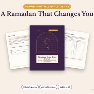 Puede incluir: Un diario de reflexión Ramadan Deep-Dive de 52 páginas en formato PDF imprimible, con una cubierta de color púrpura oscuro que presenta un diseño de media luna y arco dorado. Incluye páginas de reflexión diaria y un rastreador del Corán, en A4.