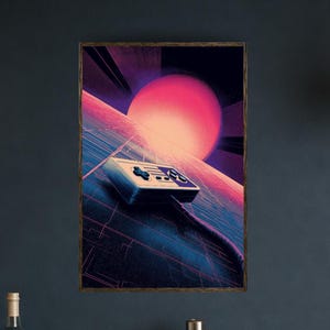 May include: A rectangular wall art print featuring a retro video game controller floating above a dark, grid-patterned surface. A large, glowing pink and orange sun sits on the horizon against a dark purple sky with radiating light lines.