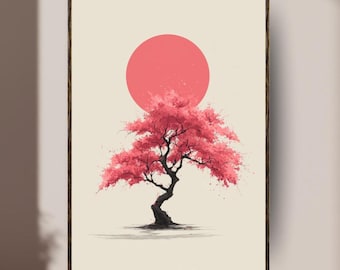 Cherry Blossom Tree Japanese Art Print Sakura Sun Minimal Zen Wall Decor