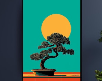 Japanese Tree Wall Art Print, Pop Art Botanical Poster, Bonsai Inspired Nature Print, Minimalist Oriental Home Decor, Bonsai Inspired Art