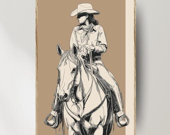 Arte de pared occidental de vaquera y vaquero con caballo, impresión artística de camino rural, decoración rústica de vaquero, impresión ecuestre serena, regalo occidental