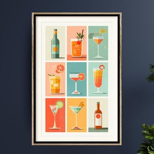 May include: A framed print featuring nine colorful cocktail illustrations. The artwork showcases various drinks in glasses and bottles, with vibrant backgrounds of orange, teal, and red. Each drink is adorned with garnishes like citrus slices and cherries.