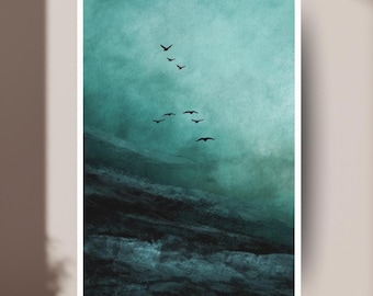 Dark Green Minimalist Birds Wall Art, Abstract Print, Large Living Room Decor, Surrealist Print, Emerald Sky, Texture Painting