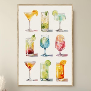 May include: Watercolor print of nine colorful cocktails, each garnished with fruit and herbs. The drinks are in various glasses, including martini, highball, and stemmed glasses. The artwork features vibrant oranges, greens, and reds, creating a refreshing and inviting aesthetic.