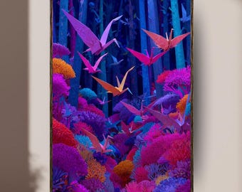 Arte de parede japonesa de origami de tsuru, pôster maximalista japonês, estampa floral e de pássaro de papel, estampa colorida.