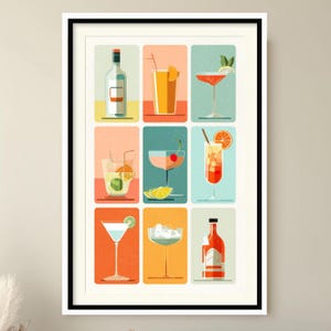 May include: A framed print featuring nine colorful cocktail illustrations. Each drink is depicted in a retro style, with bottles and glasses against pastel backgrounds. The artwork includes a variety of cocktails, with garnishes like citrus slices and cherries.